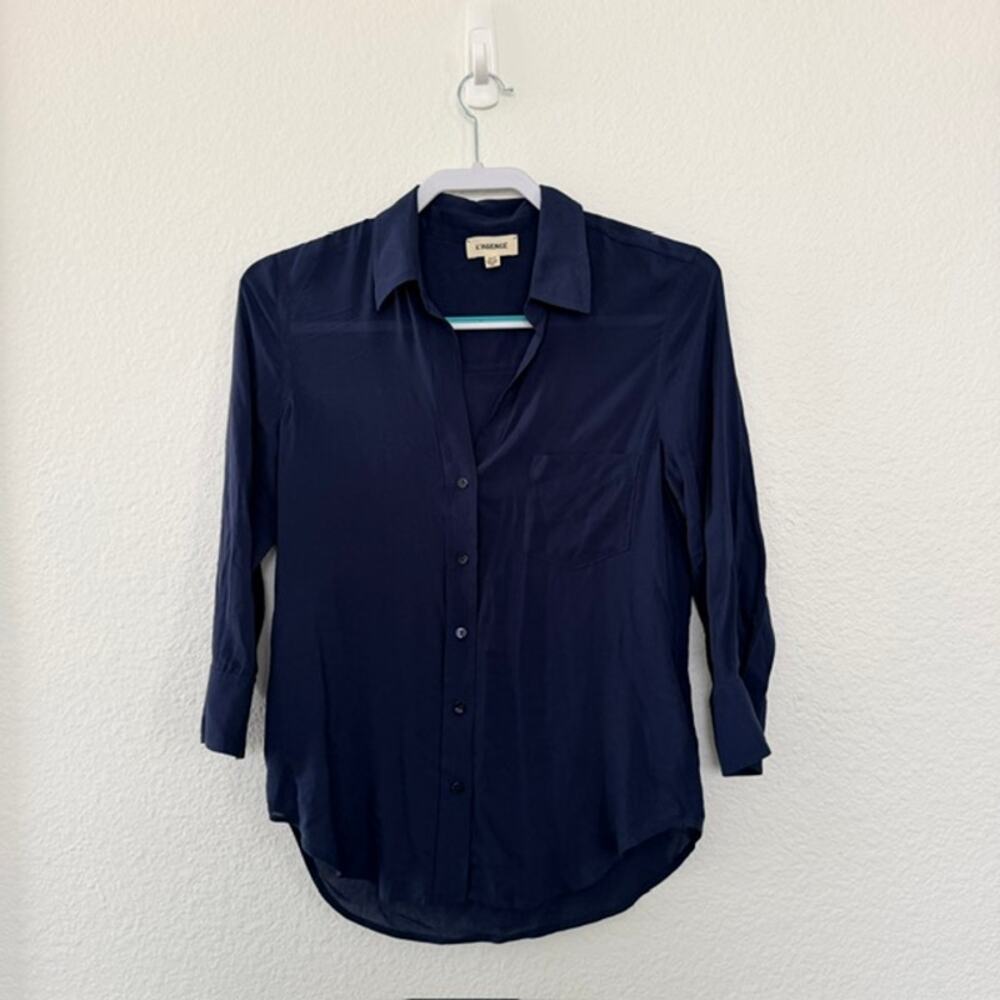 L'Agence Button-Up Shirt 3/4 Sleeve Navy Blue Open Collar Women's XS/TP